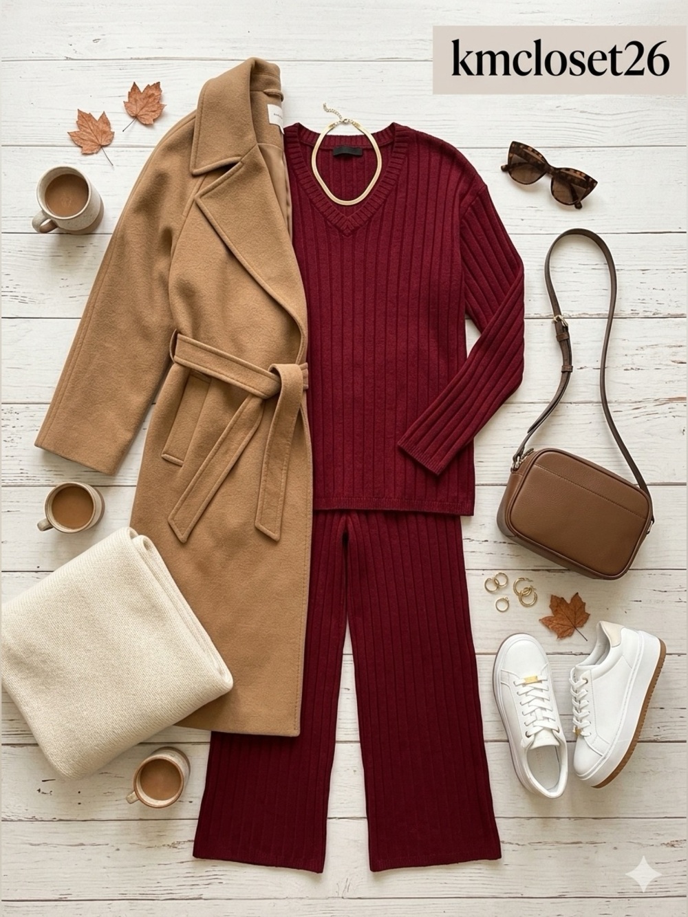 Ribbed Knit 2-Piece Lounge Set Cozy V-Neck Sweater & Wide Leg Pants Burgundy S